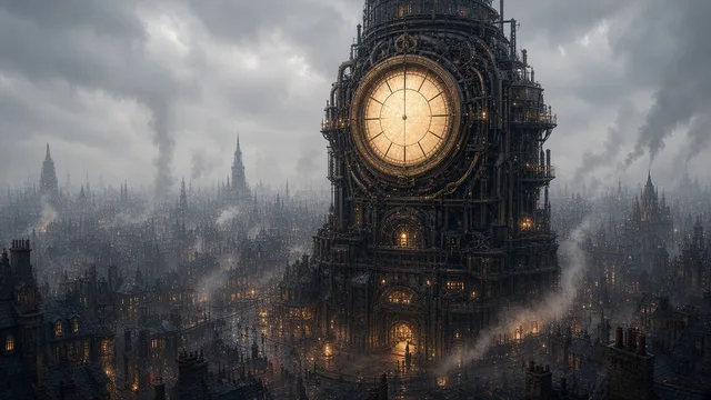The Meridian, a towering clock complex rising over Auslicht's rooftops.