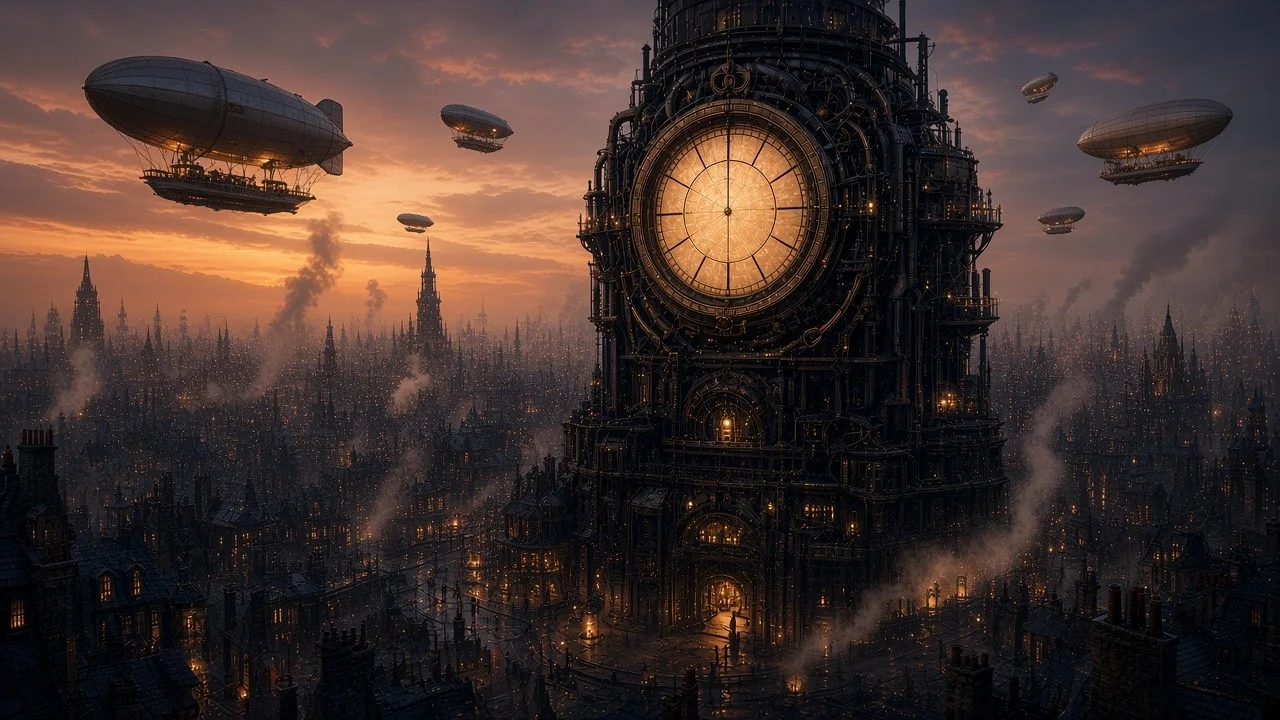 Airships drifting past the Meridian at dusk.