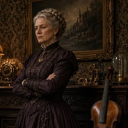 Character portrait of Maren Vanick beside her violin.