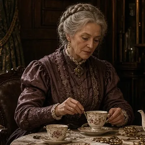 Character portrait of Odelia Vanick pouring tea.