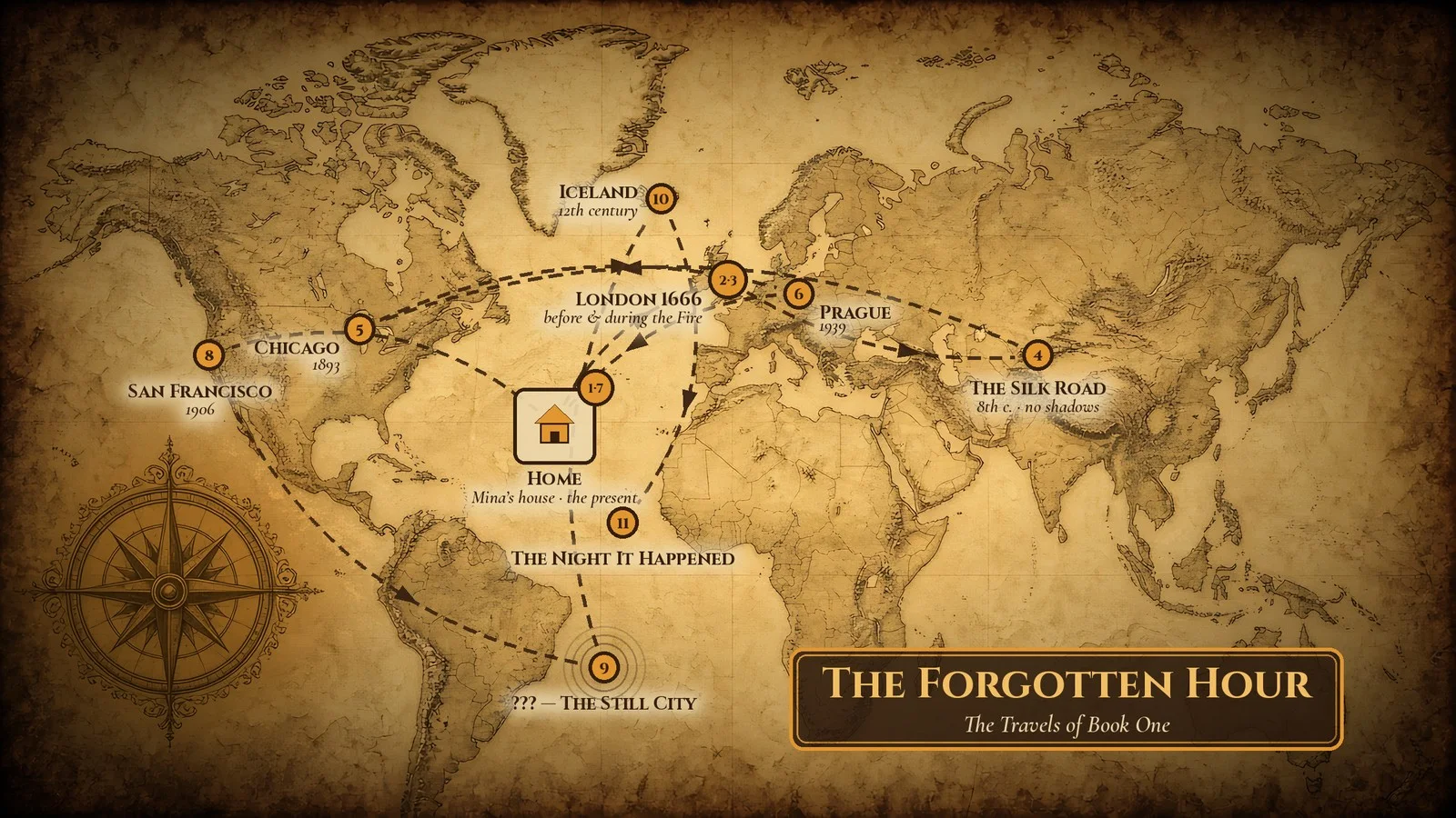 Illustrated travel map for The Forgotten Hour: dotted routes from Mina’s house to London 1666, Prague 1939, the Silk Road, Chicago 1893, San Francisco 1906, Iceland, and the Still City.