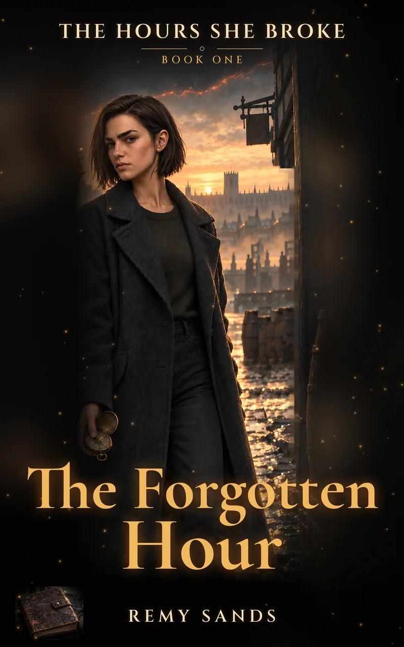 Front cover of The Forgotten Hour: a young woman in a dark coat holding a brass compass, a burning old city at her back.