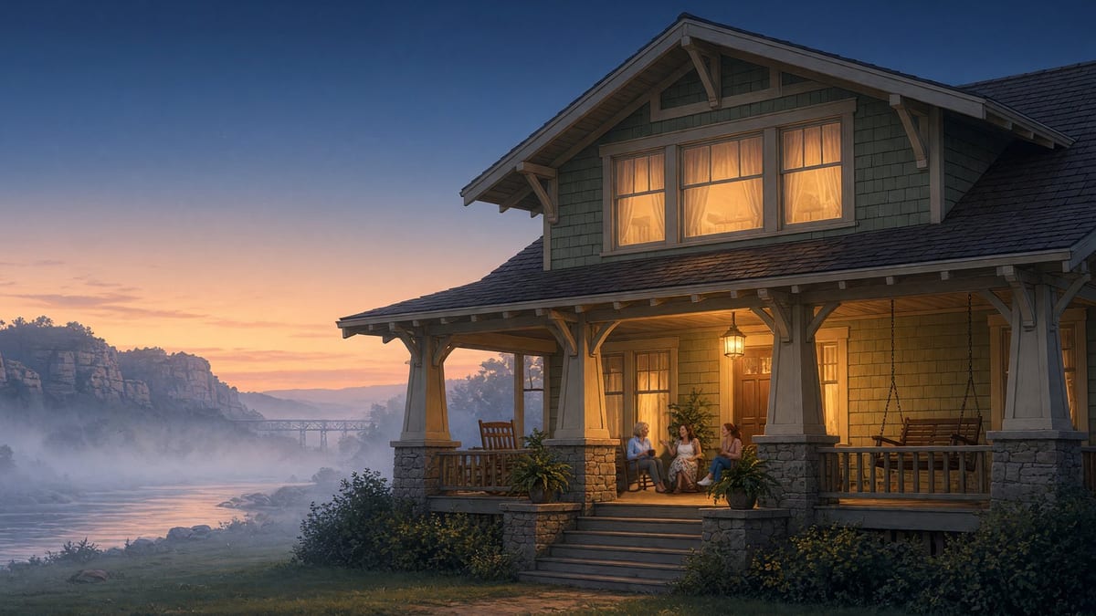 The sisters' lakeside B&B inn at dusk, porch lights on.
