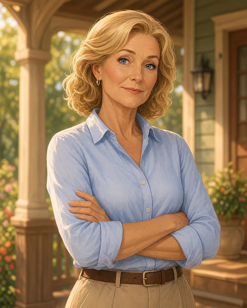 Portrait of Laurel on the inn's porch, arms folded.