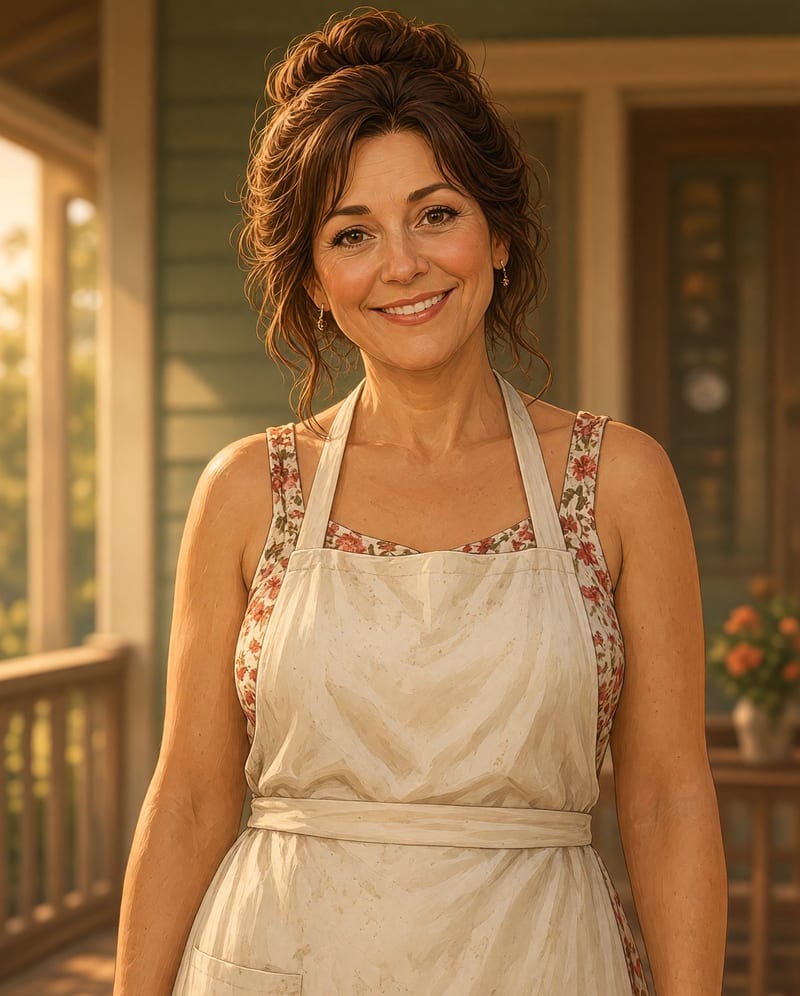 Portrait of Nora on the inn's porch in a floral dress and apron.