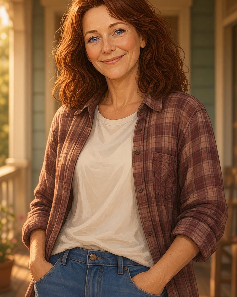 Portrait of Pippa on the inn's porch in a plaid flannel shirt.