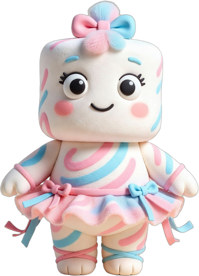 Mallow, a marshmallow in a pink-and-blue tutu