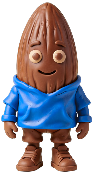 Nab, a slouchy chocolate almond in a blue sweatshirt