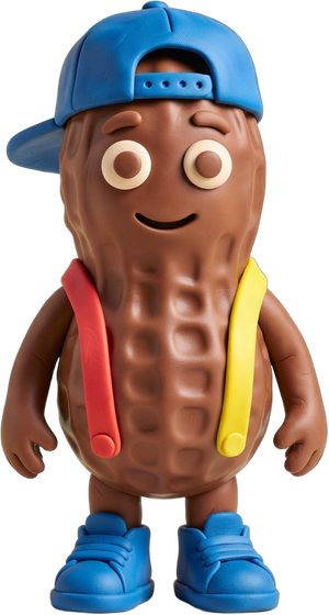 Nib, a chocolate peanut in a blue backwards cap