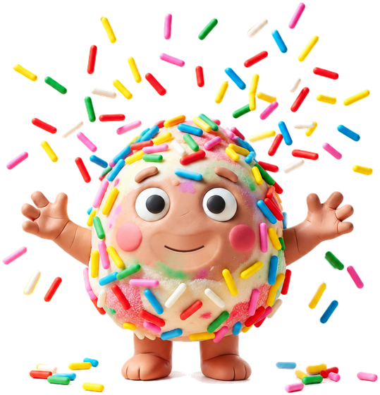 Sprinkle, a round little Sweetie covered in rainbow sprinkles, smiling with arms up as sprinkles pop all around