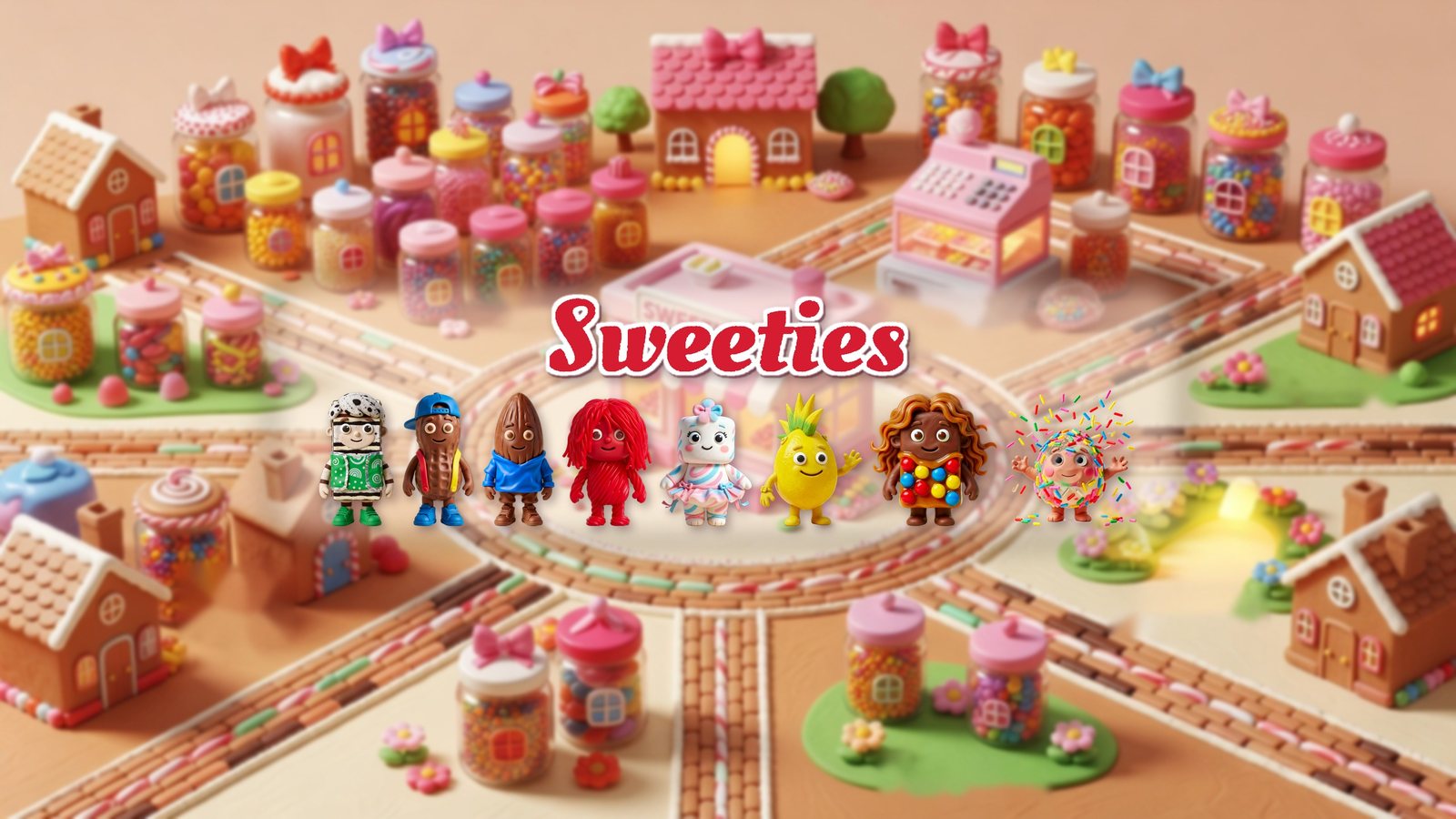 The Sweeties logo above all eight candy friends, Herschel, Nib, Nab, Pip, Mallow, Zest, Caramel and Sprinkle, standing in a row in a cozy claymation-style candy village of gingerbread houses and candy jars.
